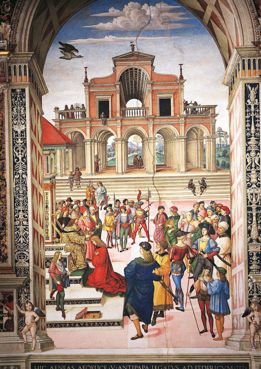 Itália, Siena, Catedral, Biblioteca Piccolomini, Enea Silvio Piccolomini sendo feita poetisa pelo Imperador Frederico III, detalhe de Histórias de Pio II de Bernardino di Betto Pinturicchio