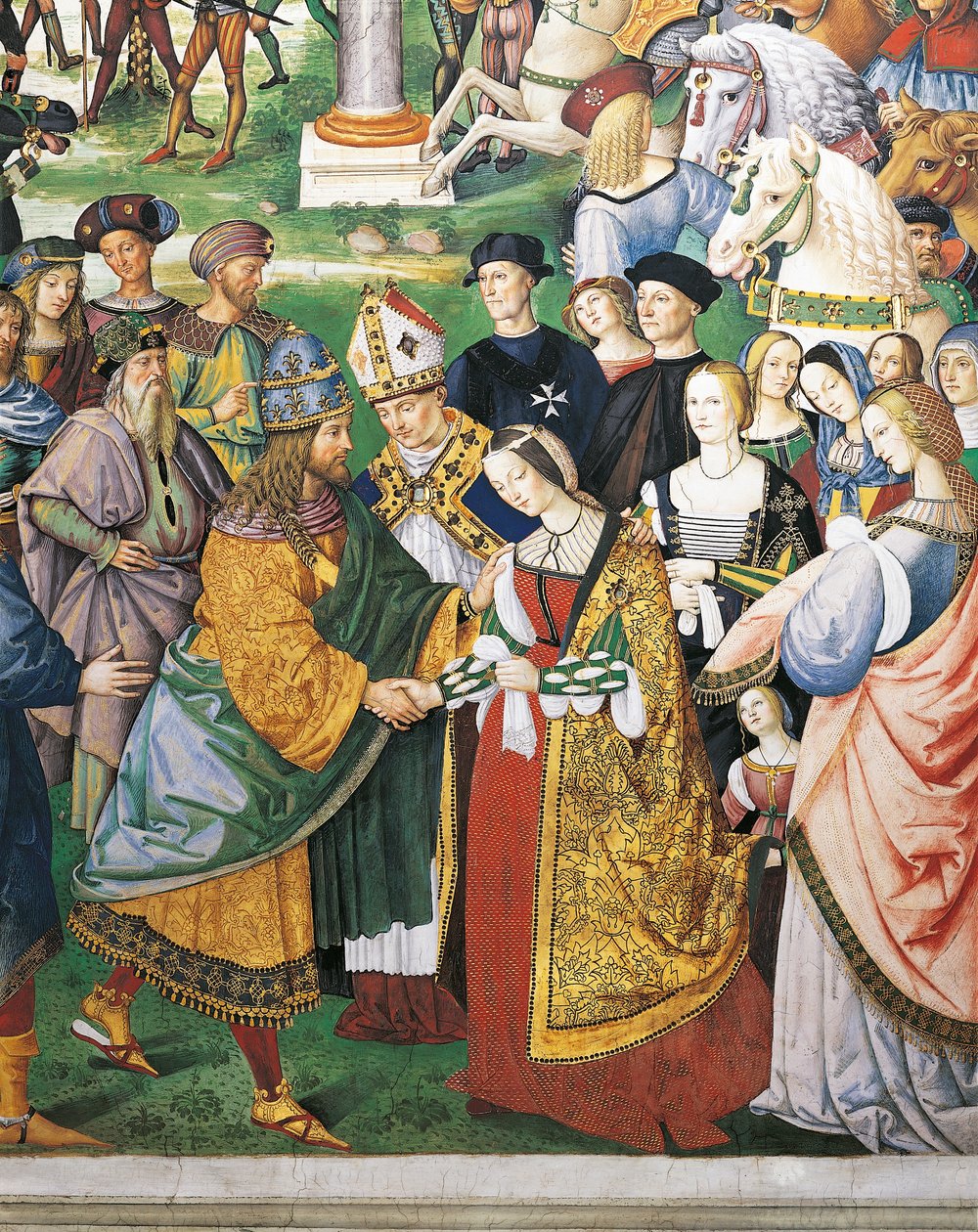 Itália, Siena, Catedral, Biblioteca Piccolomini, Enea Silvio Piccolomini, bispo de Siena em coroação de Frederico III e Eleanor de Aragão, detalhe de Histórias de Pio II de Bernardino di Betto Pinturicchio