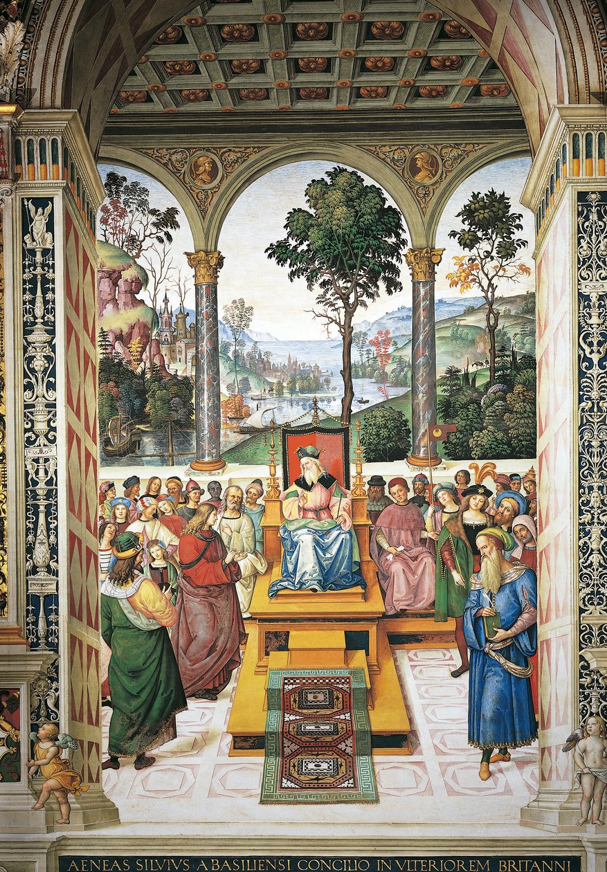 Itália, Siena, Catedral, Biblioteca Piccolomini, Enea Silvio Piccolomini discursando perante o Rei James I da Escócia, detalhe de Histórias de Pio II de Bernardino di Betto Pinturicchio