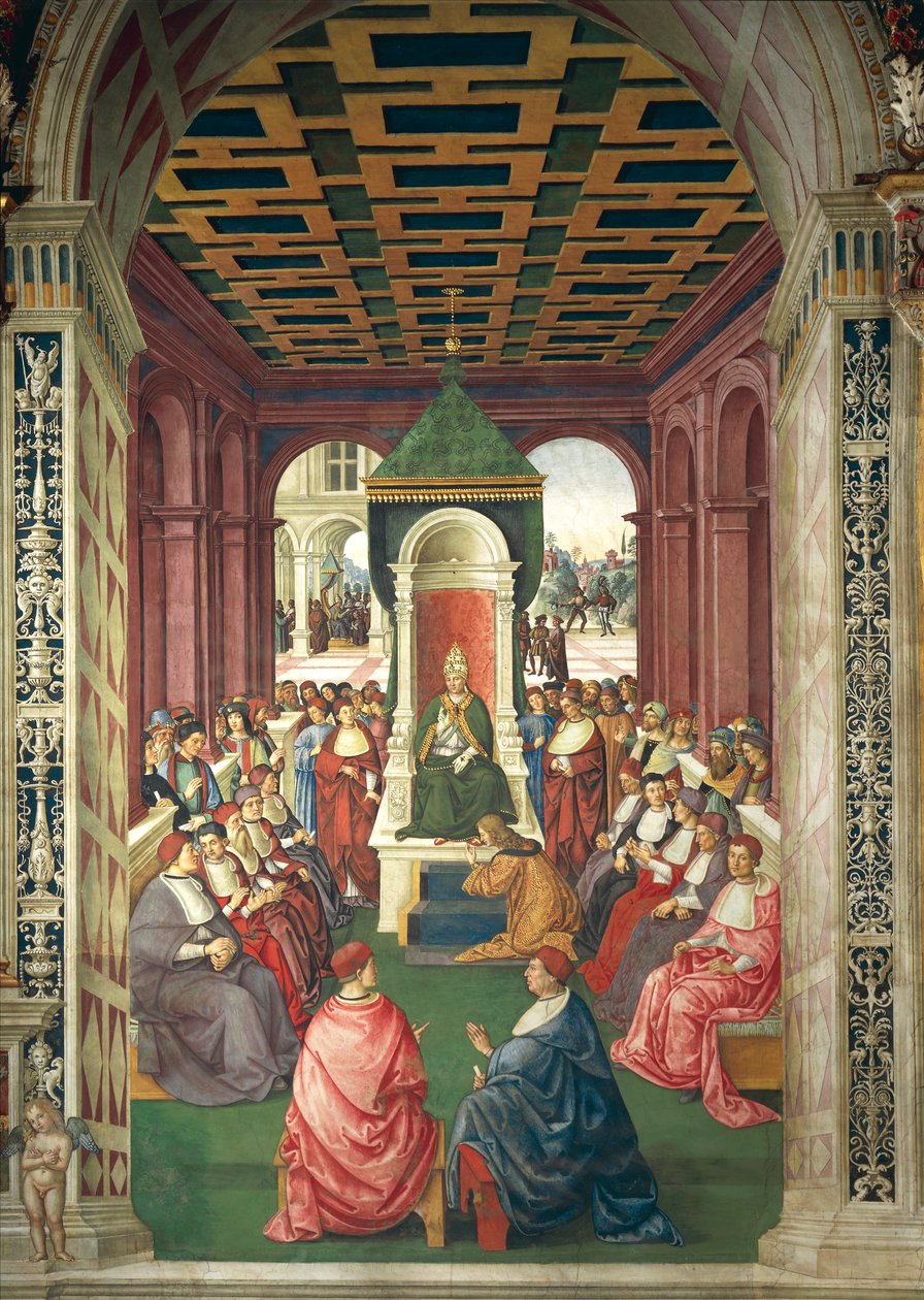 Itália, Siena, Catedral, Biblioteca Piccolomini, Enea Silvio Piccolomini em ato de submissão ao Papa Eugênio IV, detalhe de Histórias de Pio II de Bernardino di Betto Pinturicchio