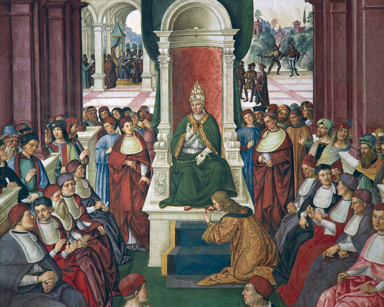 Itália, Siena, Catedral, Biblioteca Piccolomini, Enea Silvio Piccolomini em ato de submissão ao Papa Eugênio IV, detalhe de Histórias de Pio II de Bernardino di Betto Pinturicchio