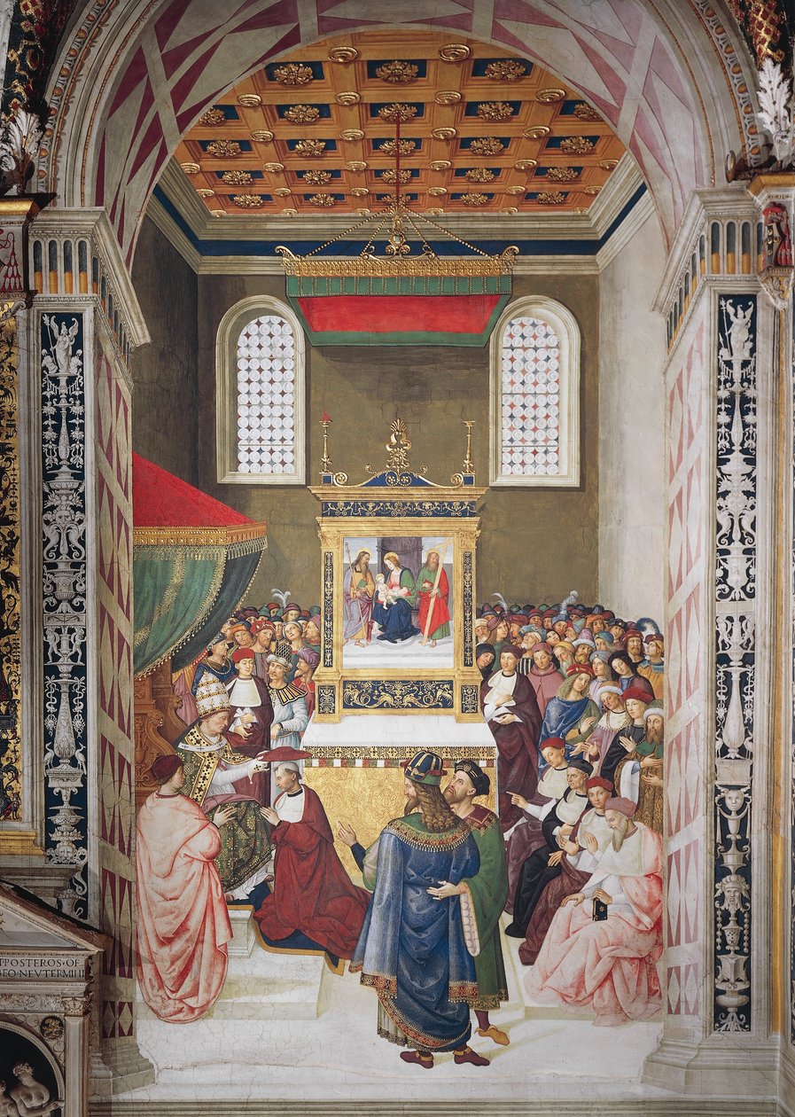 Itália, Siena, Catedral, Biblioteca Piccolomini, Enea Silvio Piccolomini recebendo o chapéu de cardeal de Calixtus III, detalhe de Histórias de Pio II de Bernardino di Betto Pinturicchio