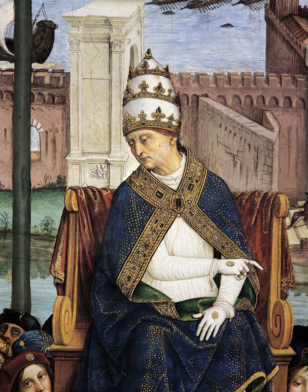 Itália, Siena, Catedral, Biblioteca Piccolomini, Pio II chegando a Ancona para apressar a cruzada, detalhe de Histórias de Pio II de Bernardino di Betto Pinturicchio
