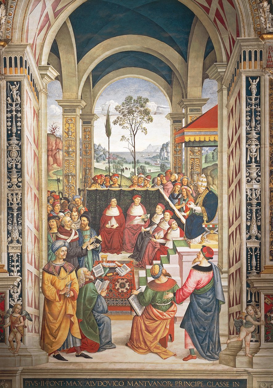 Itália, Siena, Catedral, Biblioteca Piccolomini, Pio II reuniu-se em Mântua para uma dieta organizada para planear a Cruzada contra os Turcos, detalhe das Histórias de Pio II de Bernardino di Betto Pinturicchio