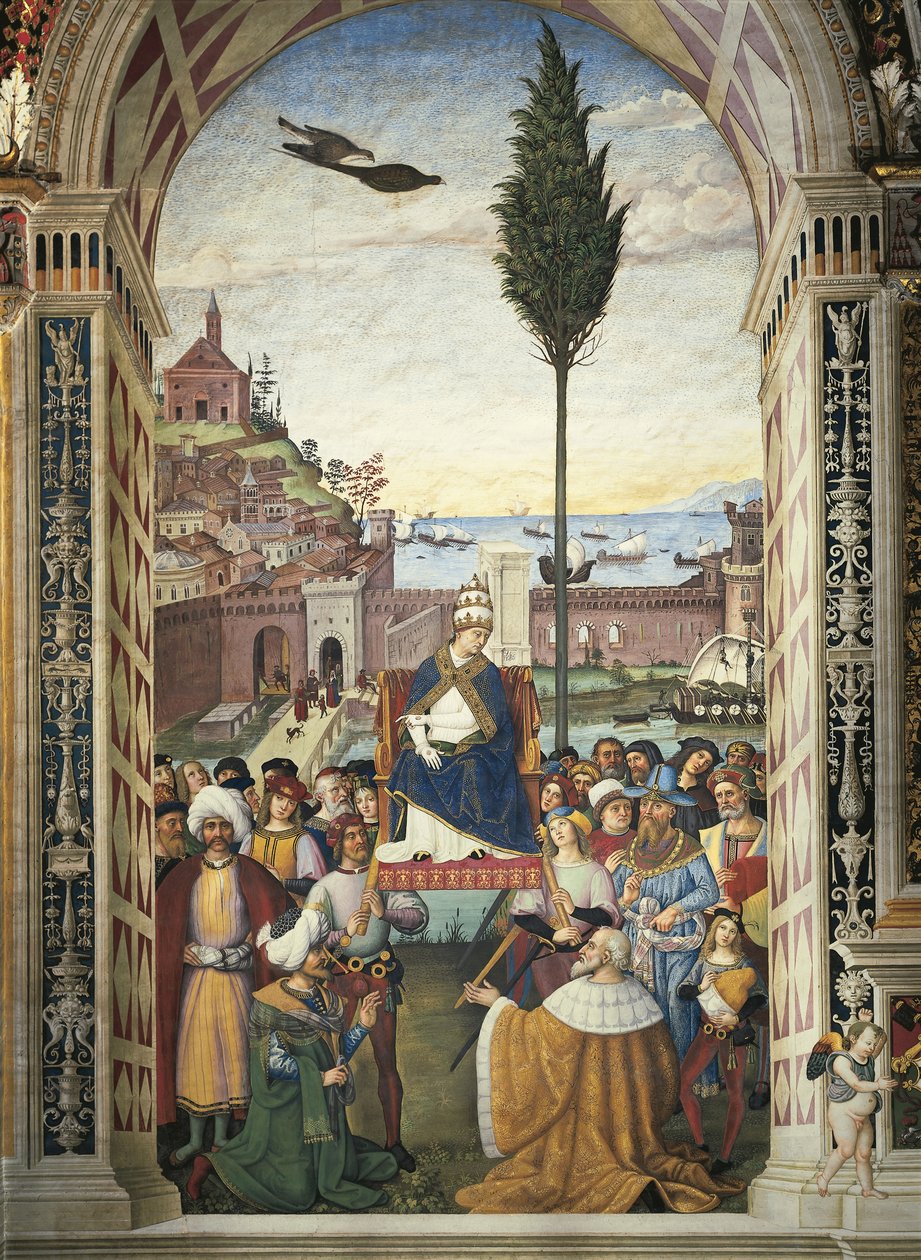 Itália, Siena, Catedral, Biblioteca Piccolomini, Histórias de Pio II: Pio II chega a Ancona para apressar a Cruzada de Bernardino di Betto Pinturicchio