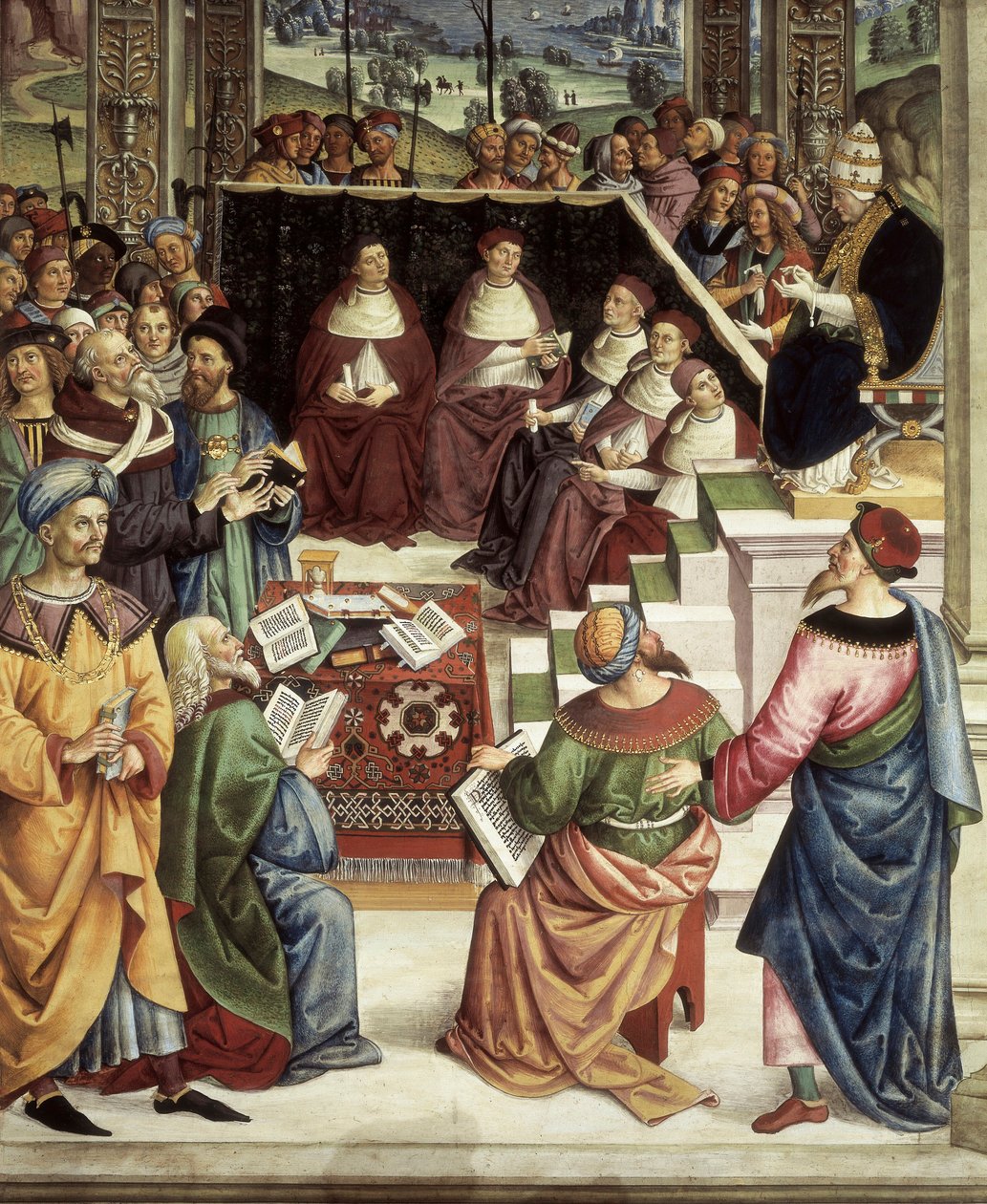 Pio II reuniu-se em Mântua para uma dieta organizada para planejar Cruzada contra os turcos, detalhe das Histórias de Pio II de Bernardino di Betto Pinturicchio