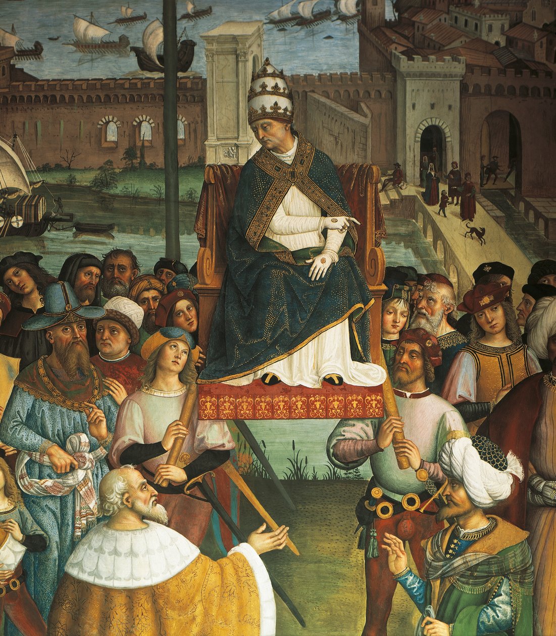 Pio II, detalhe do Papa Pio II Piccolomini chega a Ancona para iniciar a Cruzada de Bernardino di Betto Pinturicchio