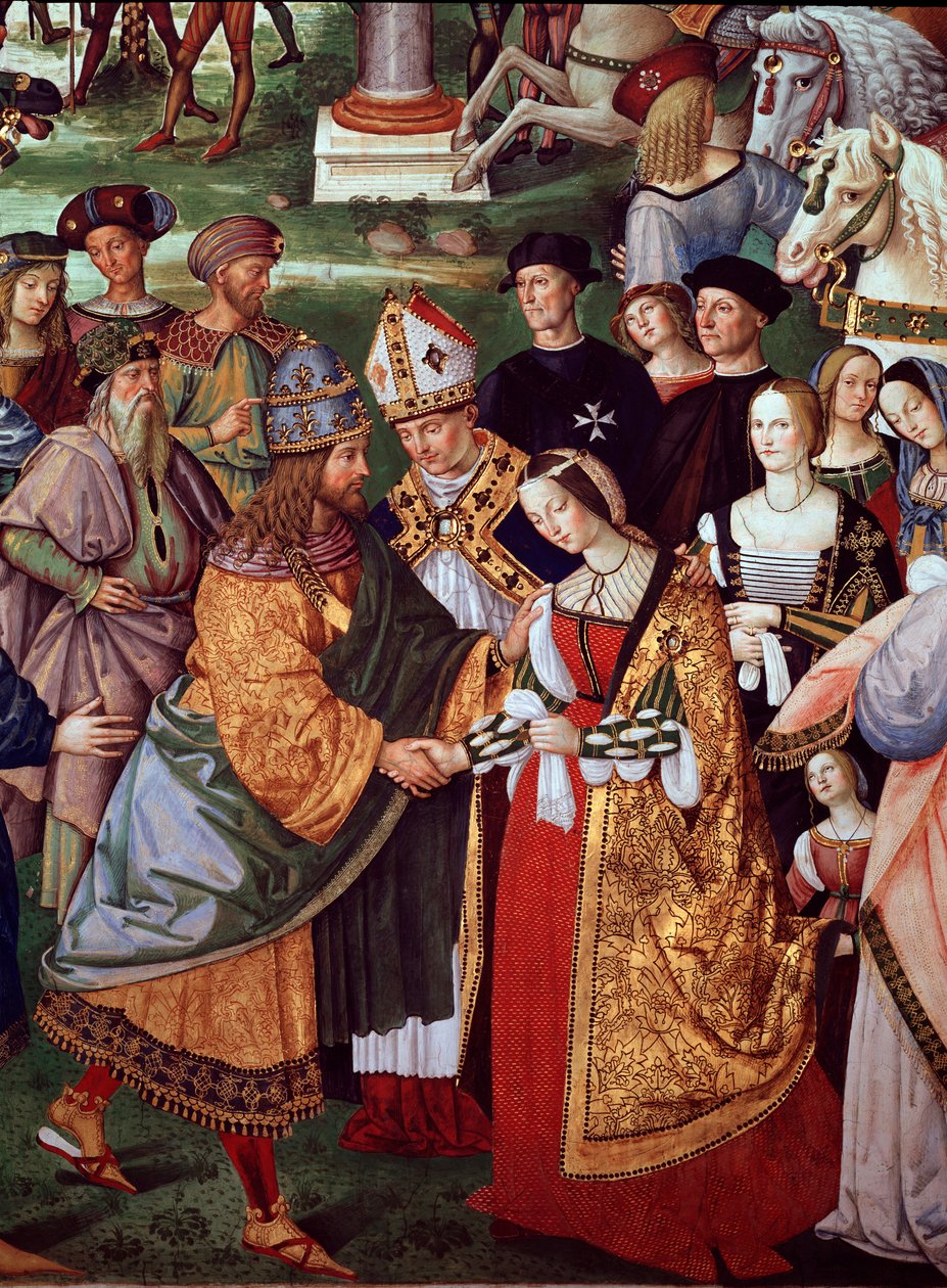 O poeta Enee Silvio Piccolomini apresenta Eleonore de Portugal ao Imperador Frederico III do Santo Império na Porta de Camollia. Pormenor da Vida do Papa Pio II (Fresco de Bernardino di Betto Pinturicchio