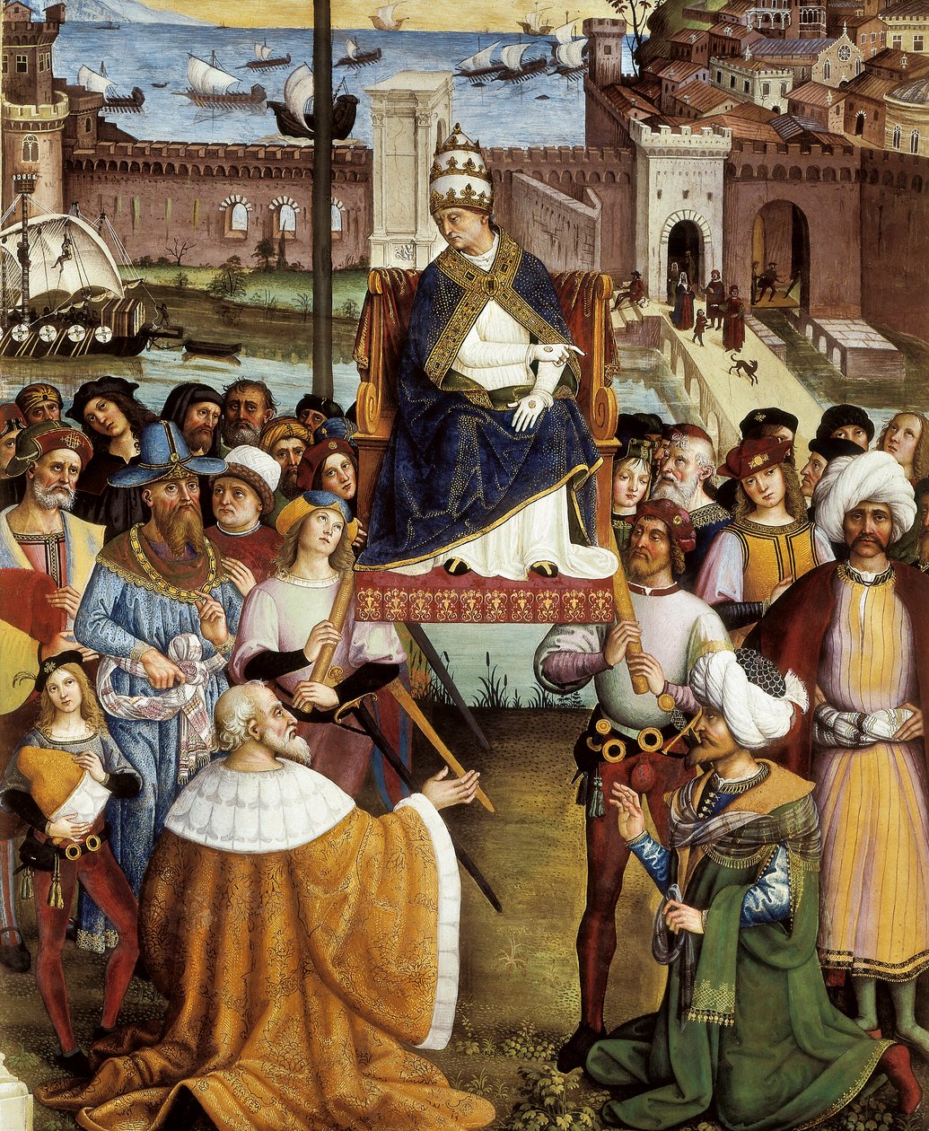 Papa Pio (Pio) II abençoa as frotas antes de deixar Ancona para a Terra Santa em 15 de agosto de 1464, detalhe de Bernardino di Betto Pinturicchio