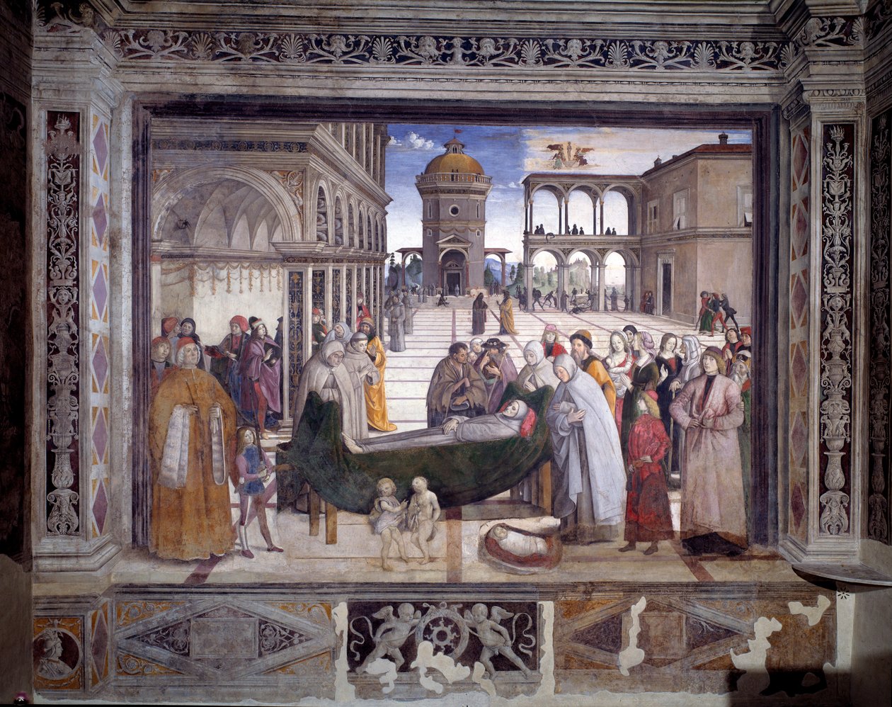 História de São Bernardino, a morte do santo (Fresco, c.1486) de Bernardino di Betto Pinturicchio