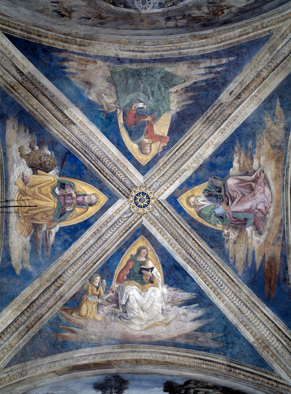 História de São Bernardino, os evangelistas (Tetramorph) (Fresco, c.1486) de Bernardino di Betto Pinturicchio