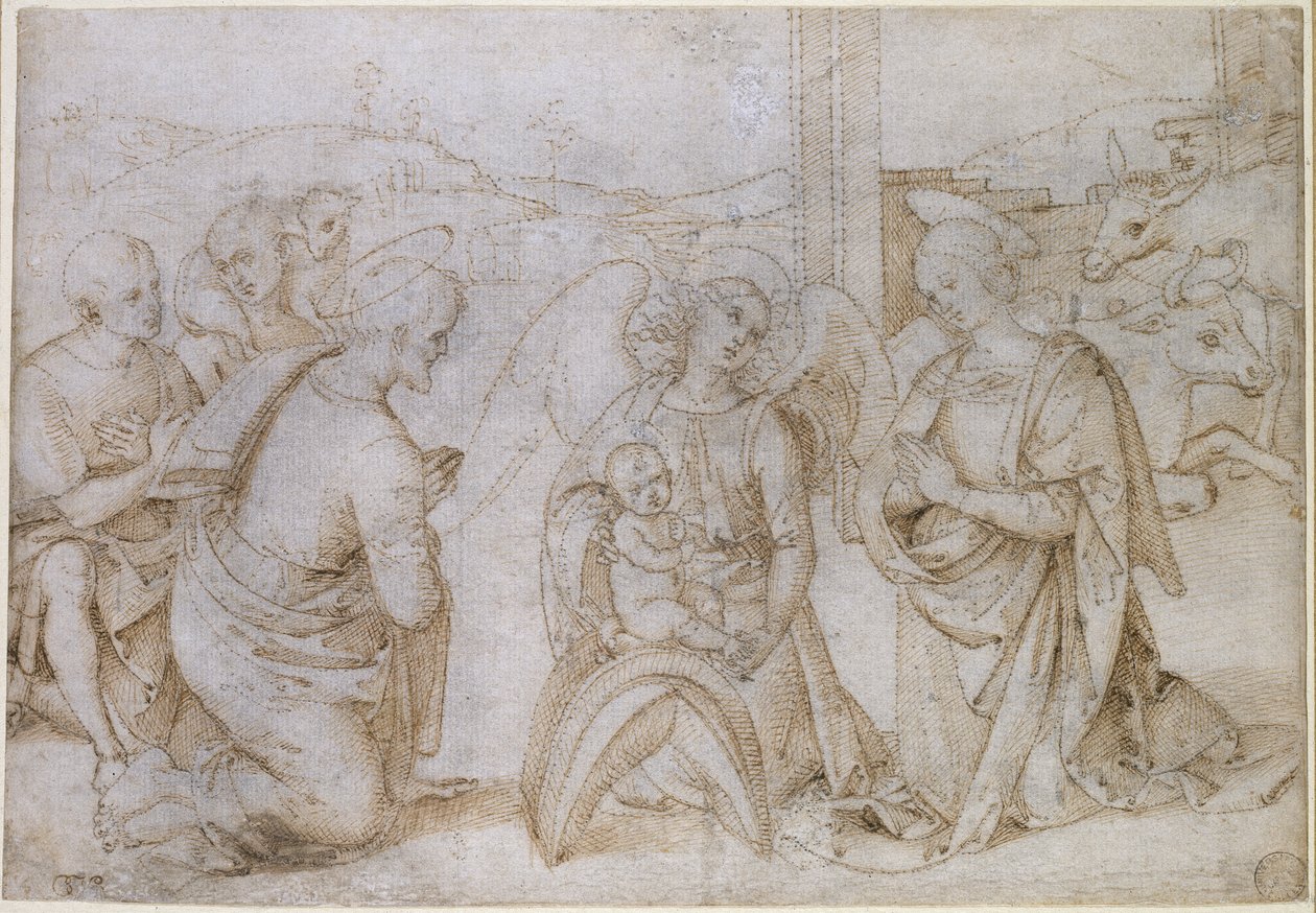 A Adoração dos Pastores, WA1855.90 (caneta e tinta marrom em papel quase branco, picada para transferência) de Bernardino di Betto Pinturicchio