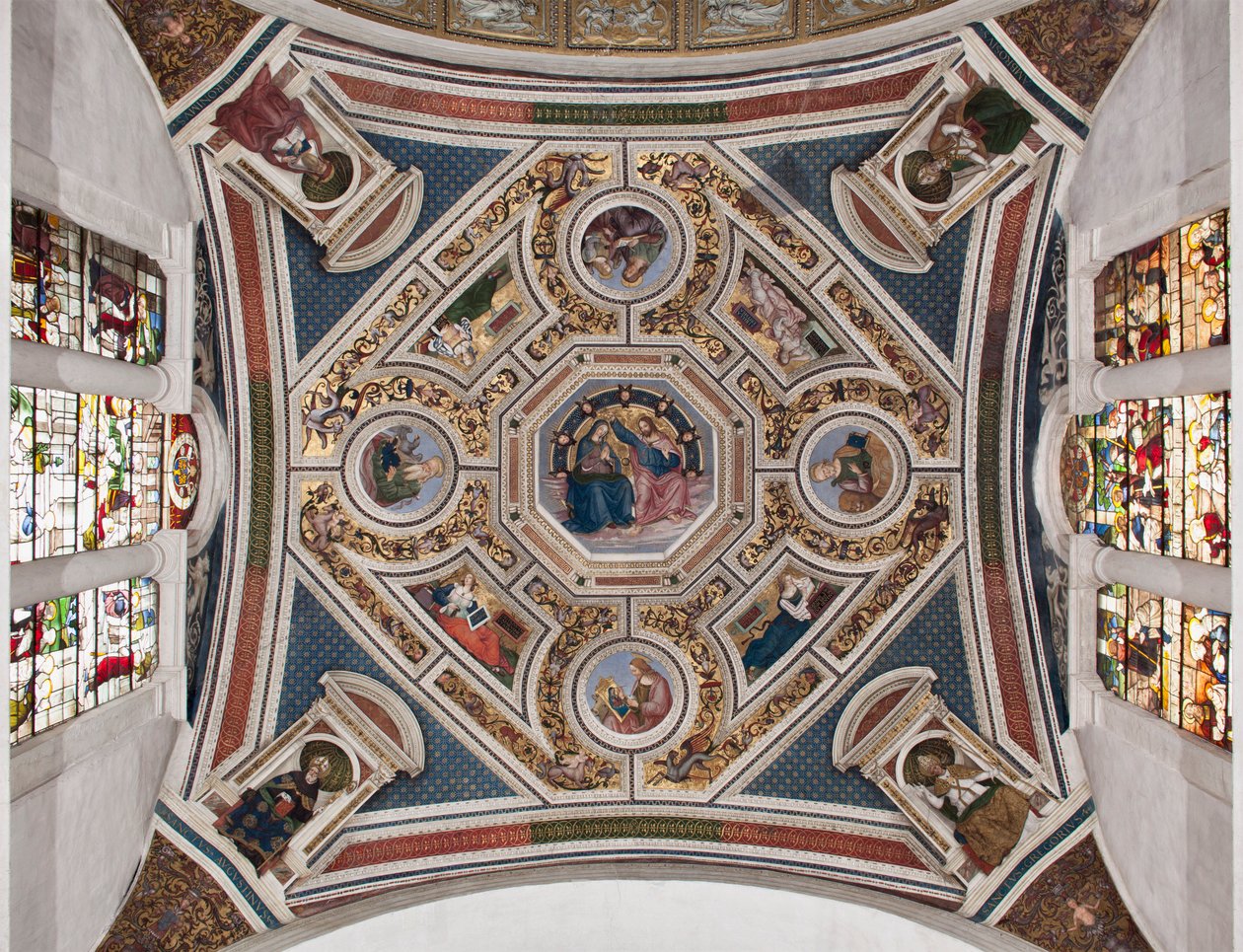 A Coroação da Virgem "Os Quatro Evangelistas" "As Sibilas" e "Os Doutores da Igreja" Abóbada do coro feita por Pinturicchio (Bernardino di Betto) (1454-1513) - 1508-1510 Basílica de Santa Maria del Popolo (Igreja de Santa Maria del Pop de Bernardino di Betto Pinturicchio