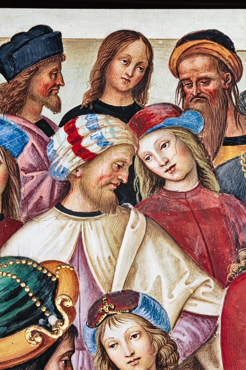 A Biblioteca Piccolomini, parede nordeste: “Aeneas Sylvius faz um discurso perante o rei James I da Escócia, inverno de 1435” de Bernardino di Betto Pinturicchio