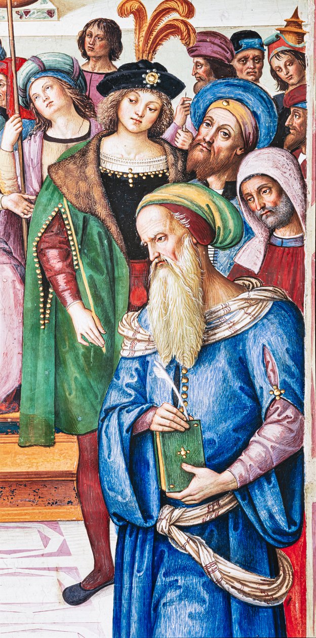 A Biblioteca Piccolomini, muro nordeste: "Aeneas Sylvius faz uma oração perante o Rei James I da Escócia, Inverno de 1435" de Bernardino di Betto Pinturicchio