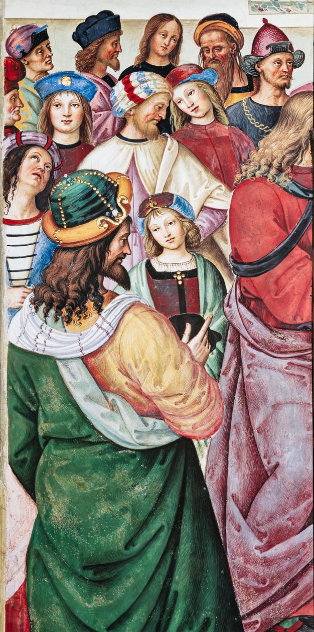 A Biblioteca Piccolomini, parede nordeste: “Aeneas Sylvius faz um discurso perante o rei James I da Escócia, inverno de 1435” de Bernardino di Betto Pinturicchio