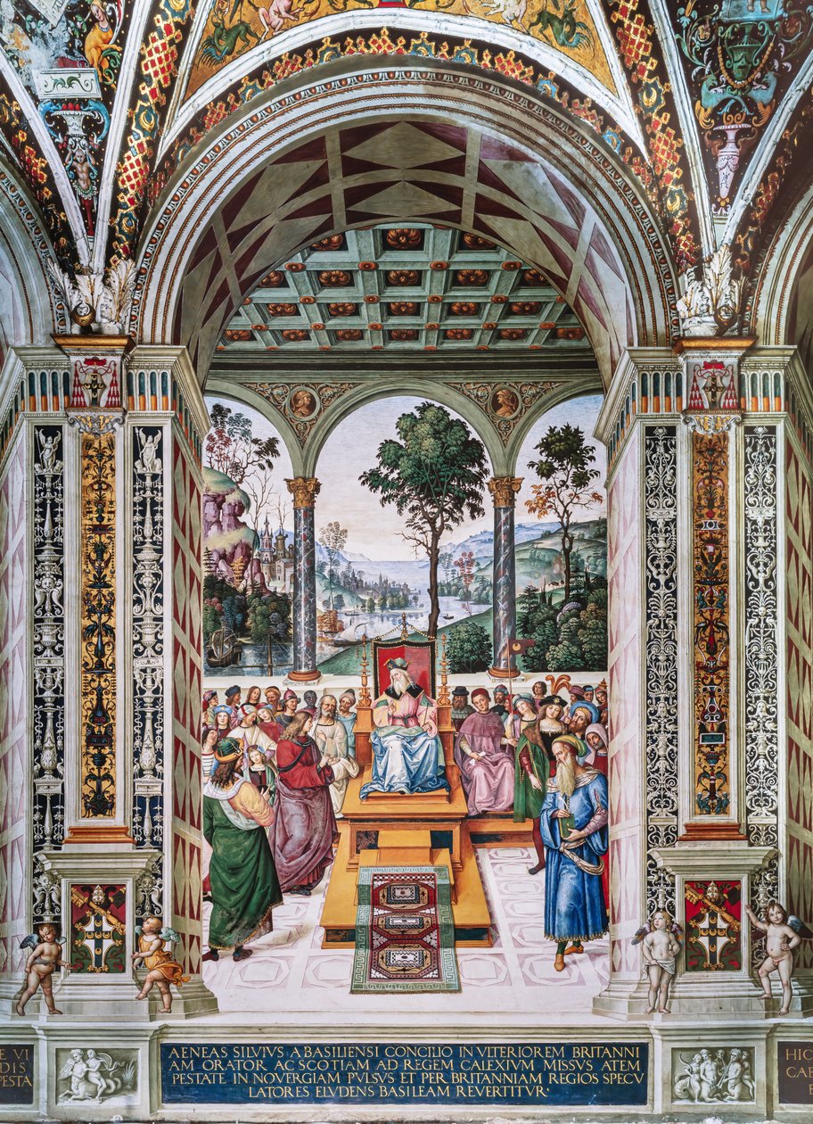 A Biblioteca Piccolomini, parede nordeste: “Aeneas Sylvius faz um discurso perante o rei James I da Escócia, inverno de 1435” de Bernardino di Betto Pinturicchio