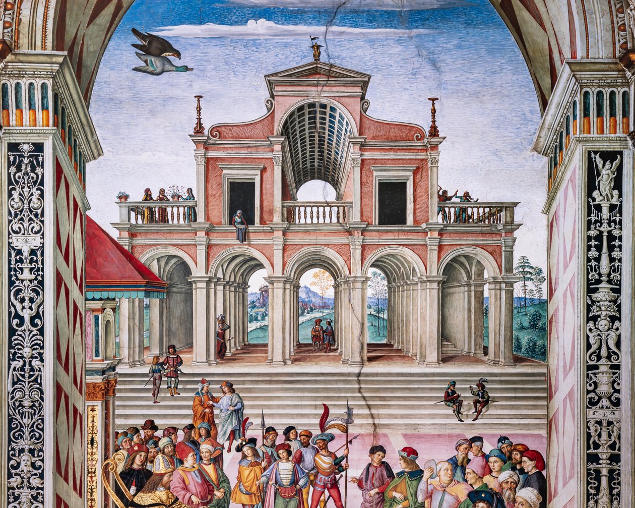 A Biblioteca Piccolomini, muro nordeste: "Aeneas Sylvius é coroado poeta laureado pelo Imperador Frrederico III, 27 de Julho de Bernardino di Betto Pinturicchio