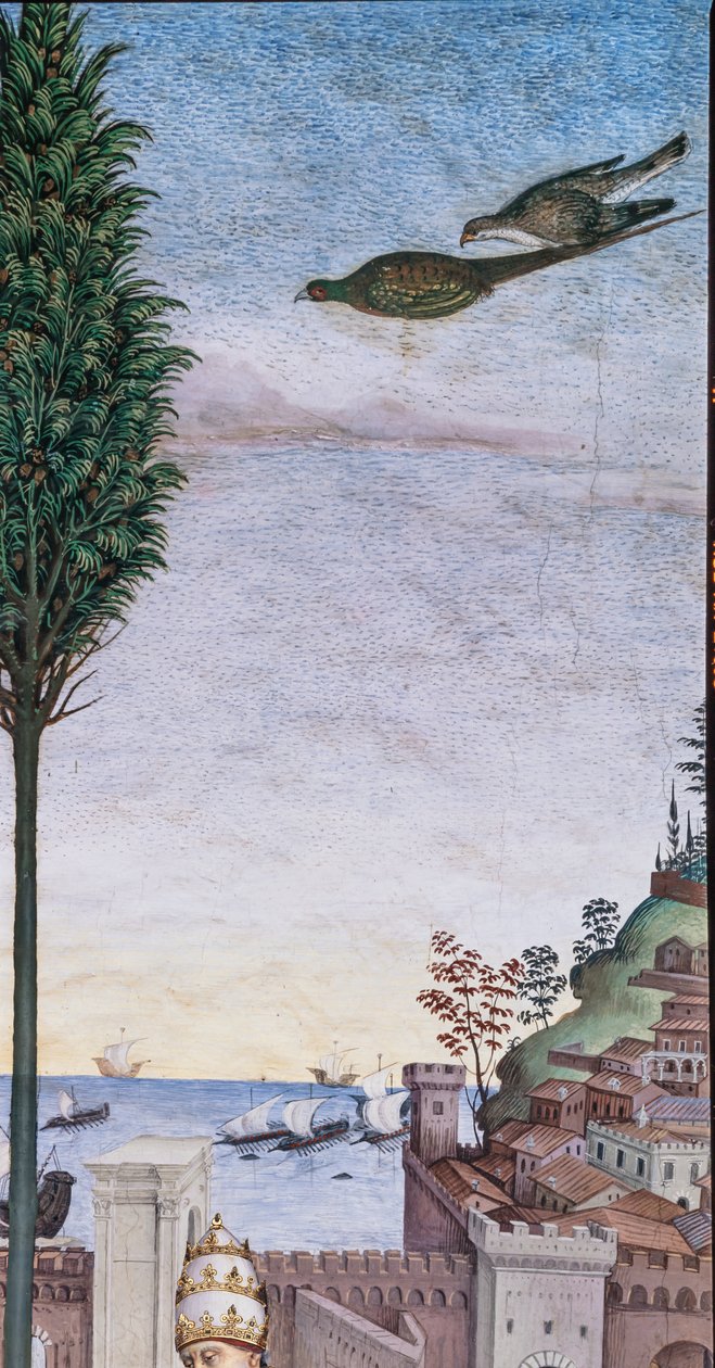 A Biblioteca Piccolomini, parede sudoeste: “Pio II abençoando a frota prestes a partir de Ancona para a Terra Santa” de Bernardino di Betto Pinturicchio