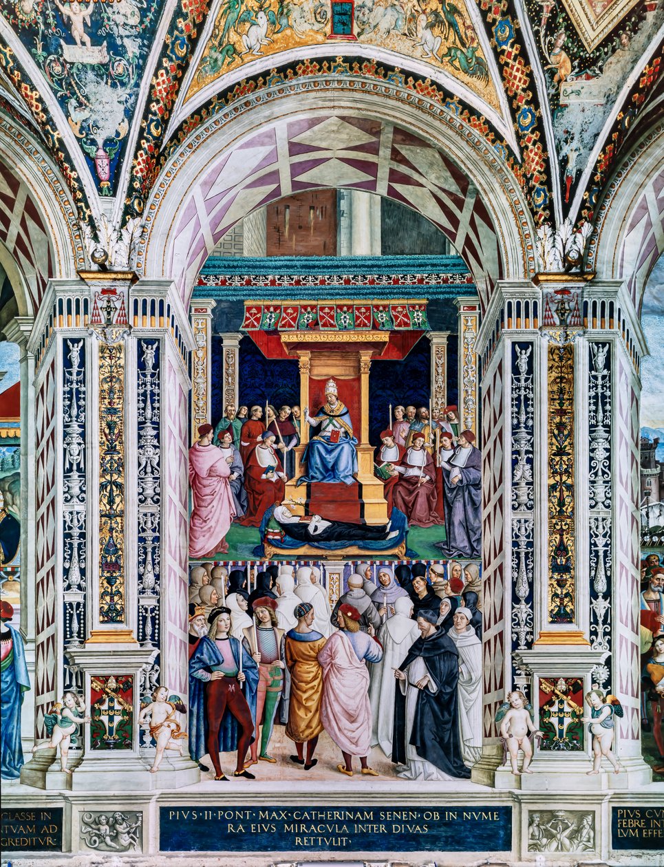 A Biblioteca Piccolomini, parede sudoeste: “ Pio II canoniza Santa Catarina de Sena, 29 de junho de Bernardino di Betto Pinturicchio