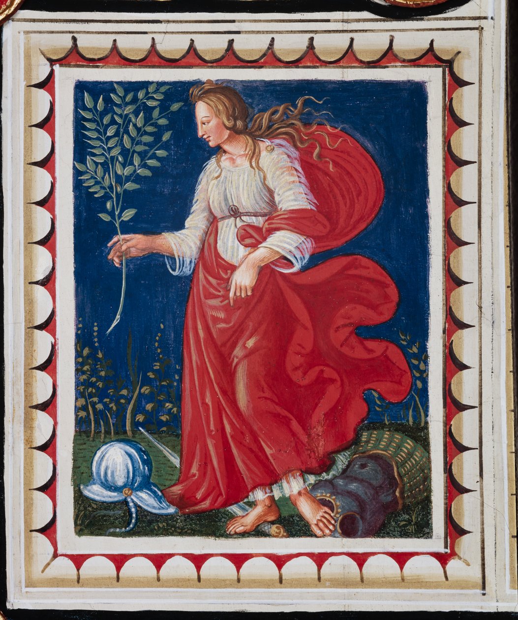A Biblioteca Piccolomini, o teto, painel com alegoria da Paz, afresco de Bernardino di Betto, conhecido como Pinturicchio. de Bernardino di Betto Pinturicchio
