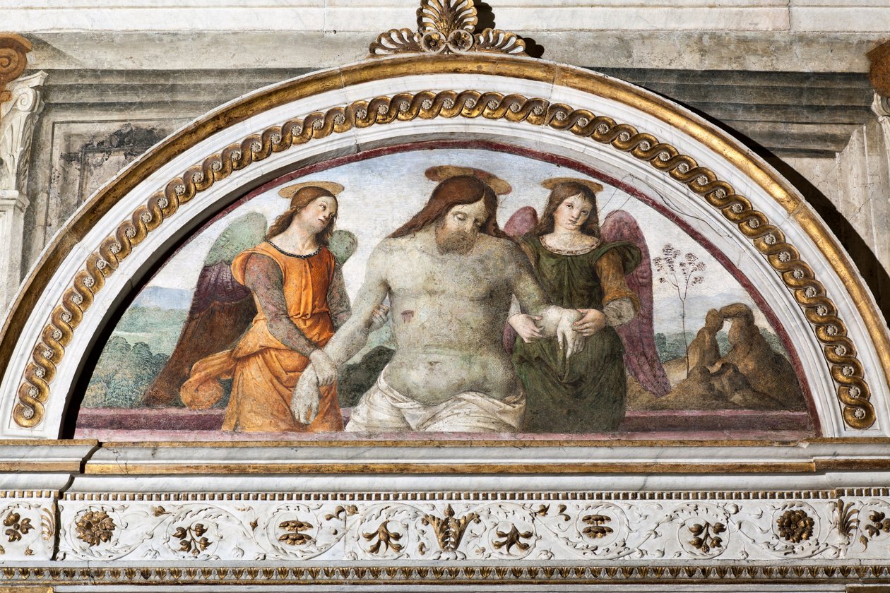 O Cristo morto apoiado por dois anjos - Fresco de Pinturicchio (Bernardino di Betto) (1454-1513) 1484-1492 Roma, Basílica de Santa Maria del Popolo (Igreja de Santa Maria del Popolo), Capela Basso della Rovere Itália de Bernardino di Betto Pinturicchio