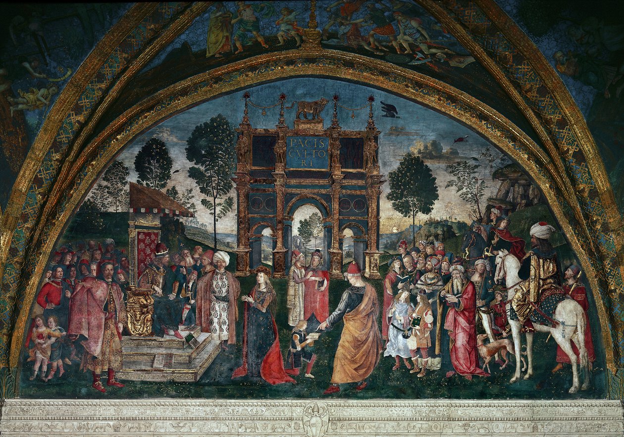 A disputa de Santa Catarina de Alexandria com o filósofo, diante do imperador romano Maxêncio (óleo sobre tela) de Bernardino di Betto Pinturicchio