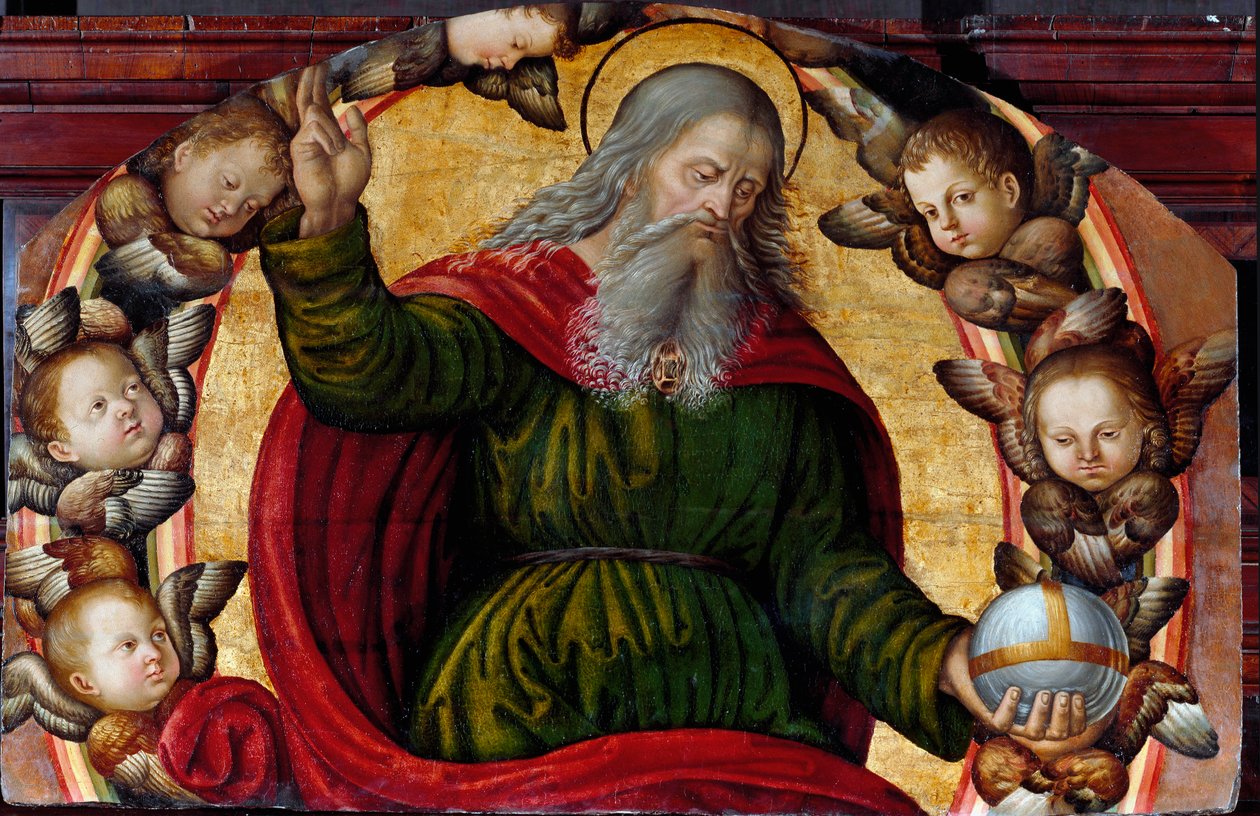 O pai eterno (Deus) e os querubins. Deus tem os dedos da sua mão direita levantados como sinal de bênção, ele segura um globo na sua mão esquerda. Pintura da escola de Bernardino di Betto dit il Pinturicchio (1454-1513). Óleo sobre madeira. Sant 