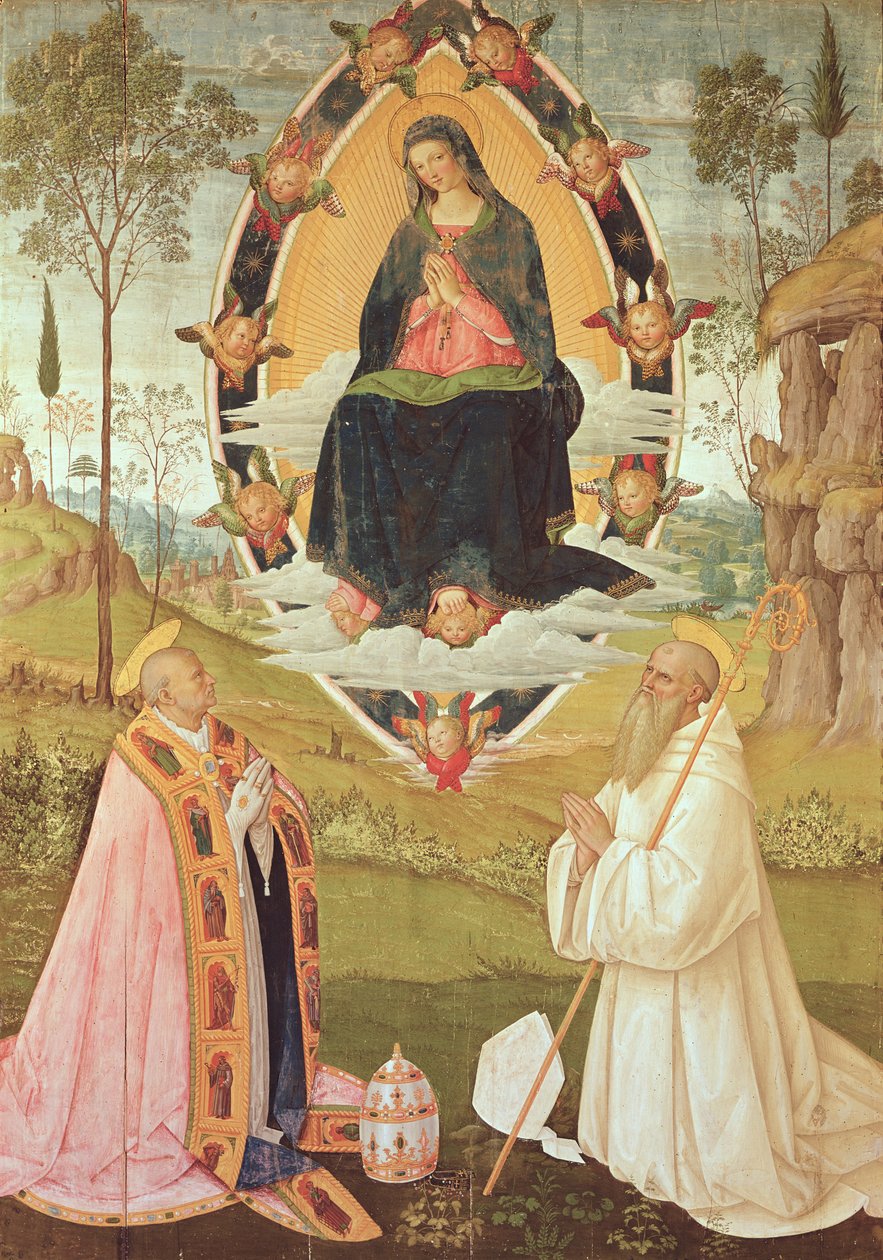 Virgem em Glória com São Gregório e São Bento (têmpera no painel) de Bernardino di Betto Pinturicchio