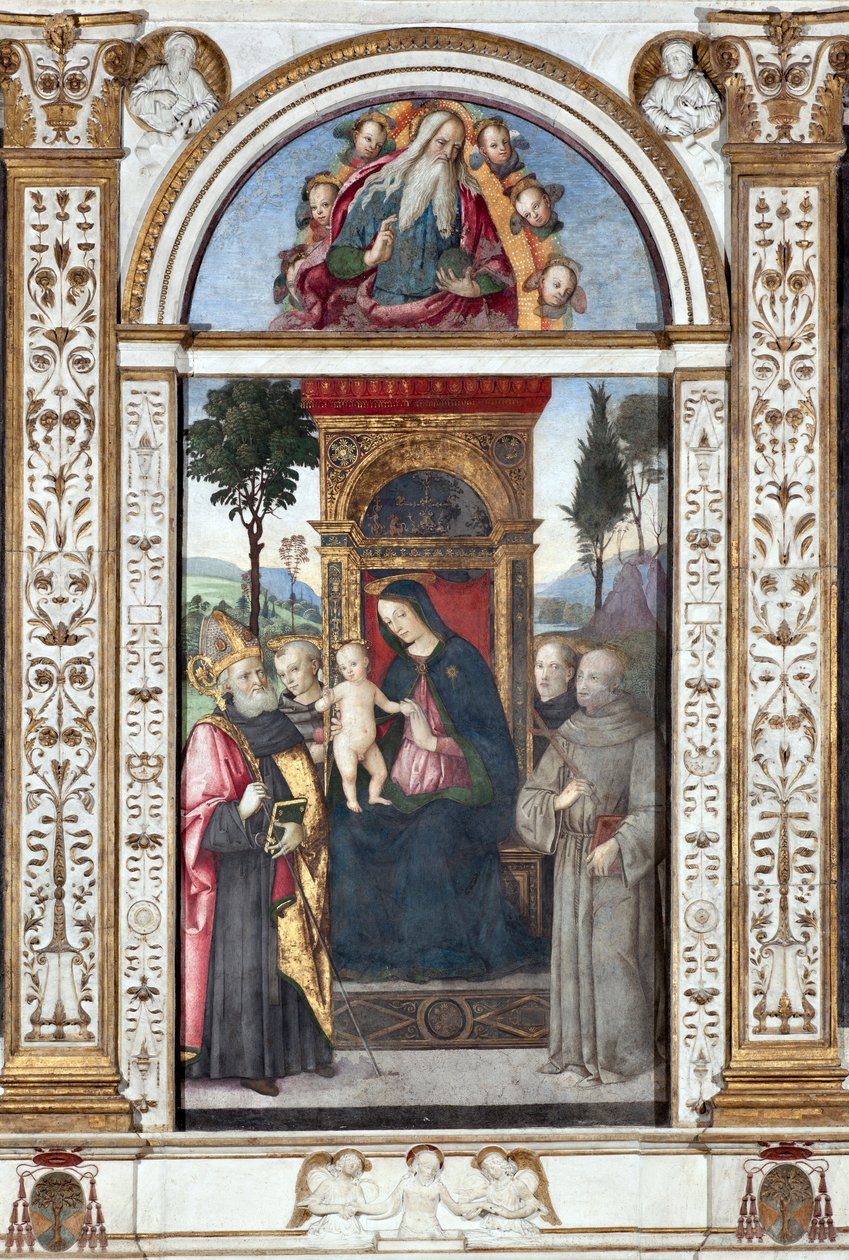 Virgem com criança e Santo Agostinho, São Francisco e Santo António de Pádua - Fresco de Pinturicchio (Bernardino di Betto) (1454-1513) 1484-1492 Roma, Basílica de Santa Maria del Popolo (Igreja de Santa Maria del Popolo), Capela Basso della Rovere Itália de Bernardino di Betto Pinturicchio
