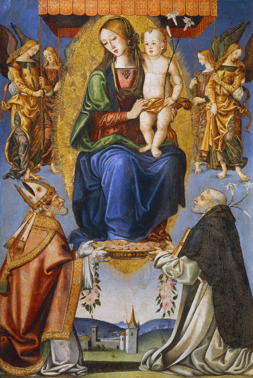 Madonna e Child com St Severino e Dominic (tempera sobre tela) de Bernardino di Mariotto