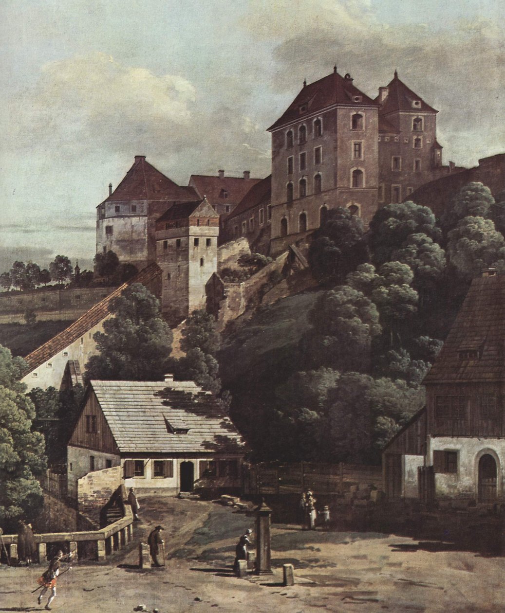 Vista de Pirna, Pirna visto do lado sul, com fortificações e Obertor (portão da cidade) e fortaleza Sonnenstein de Bernardo Bellotto