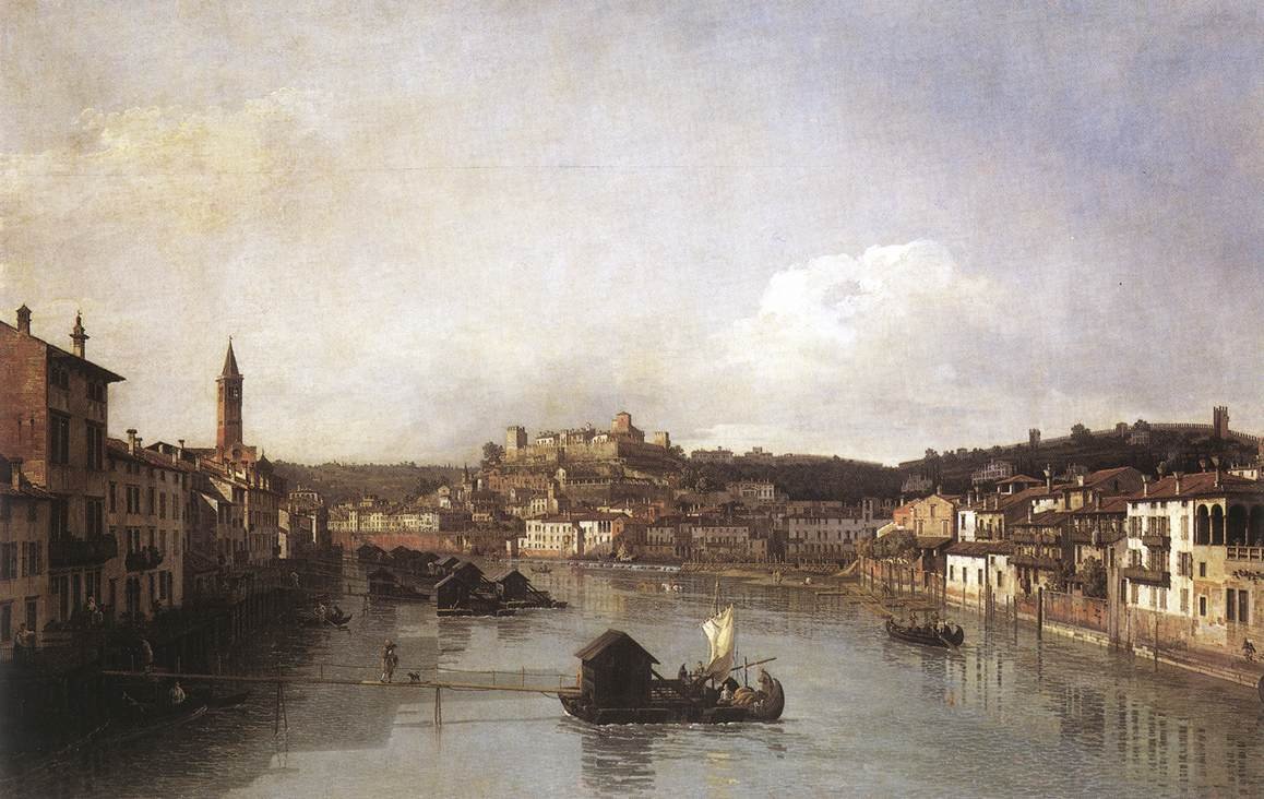 Vista, de, verona, e, a, rio adige, de, a, novo, ponte de Bernardo Bellotto