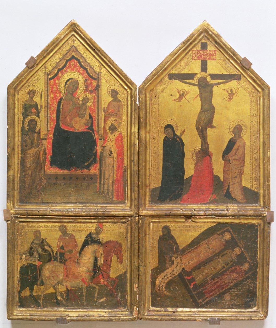 Madonna e Criança com Santos, a Crucificação e a Lenda dos Três Vivos e os Três Mortos (tempera no painel) de Bernardo Daddi