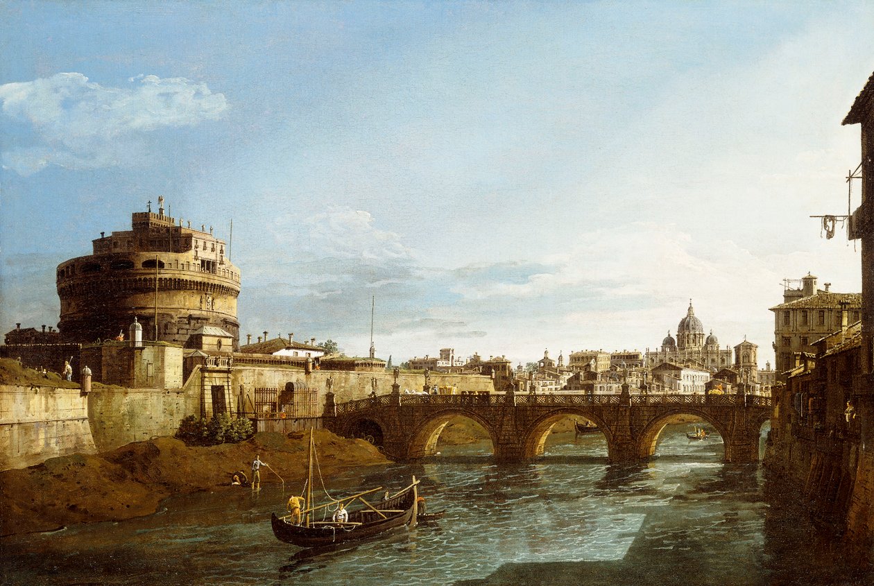Uma vista de Roma olhando para o oeste, com barcos ao longo do Tibre e do Castel Saint "Angelo à distância, de Bernardo Bellotto