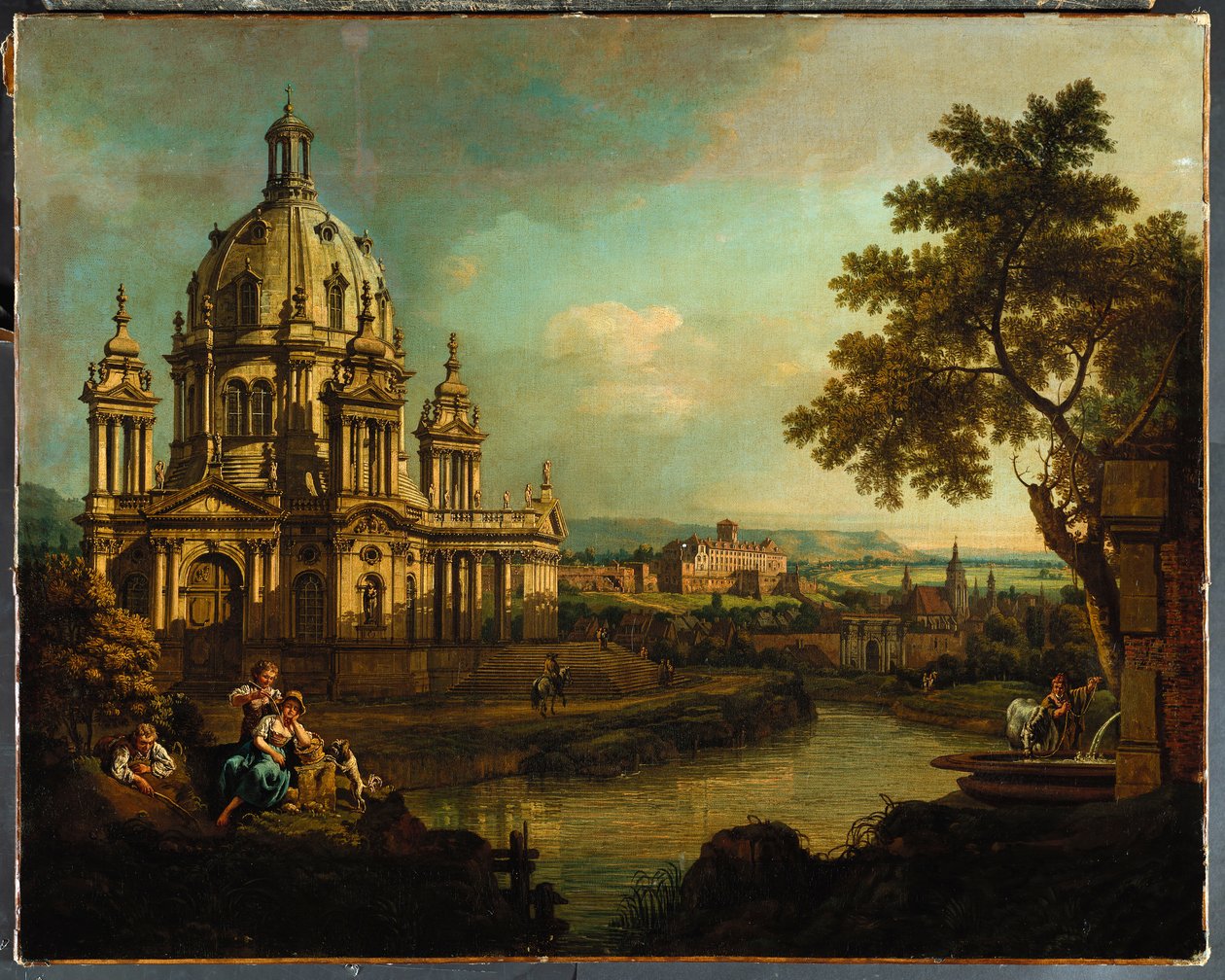 Um capricho com uma igreja abobadada e edifícios em Pirna, c.1765 de Bernardo Bellotto
