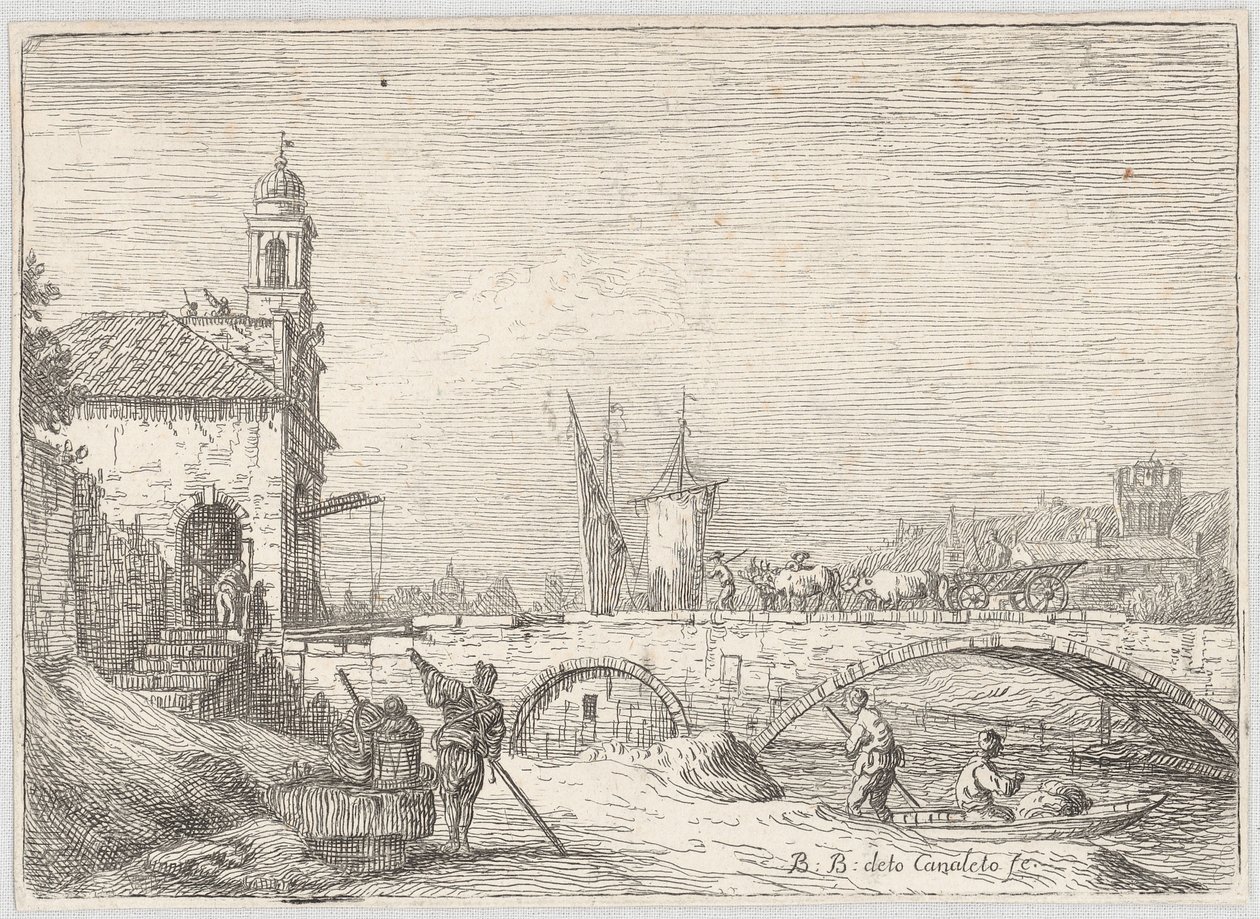 Capriccio com uma ponte e uma porta de entrada ao estilo da Porta Portello de Pádua de Bernardo Bellotto