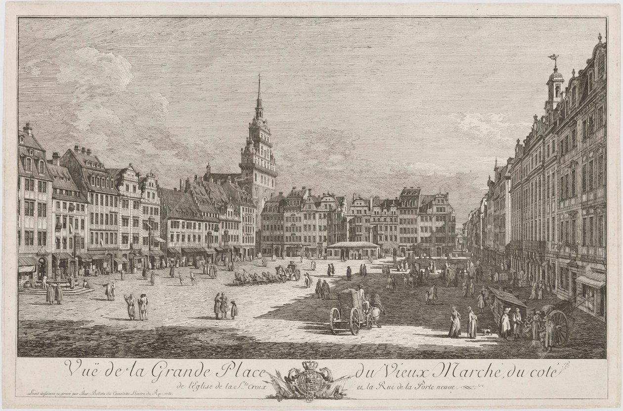 O Altmarkt de Dresden visto da Schlossstrasse, folha da série «Dresdner Veduten» de Bernardo Bellotto