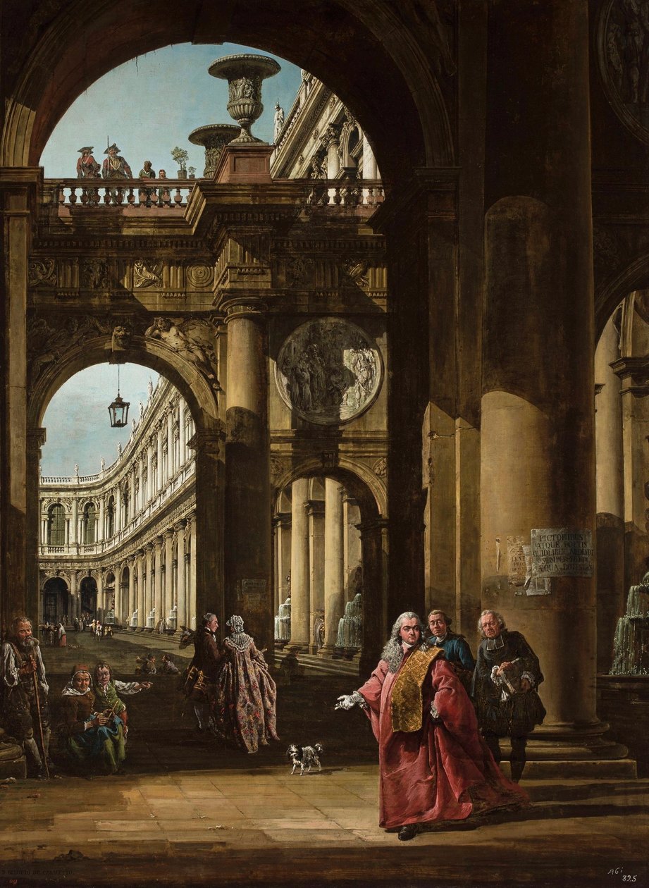 Alemão: Fantasia arquitetónica com um nobre veneziano Autorretrato de um embaixador veneziano de Bernardo Bellotto