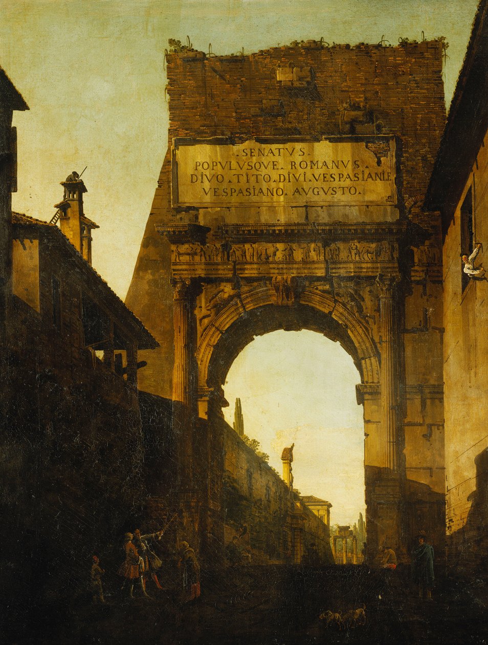 O Arco de Tito, Roma, com o Muro e o Portão dos Jardins Farnese e o Templo de Castor e Pólux além, dois turistas em primeiro plano, de Bernardo Bellotto