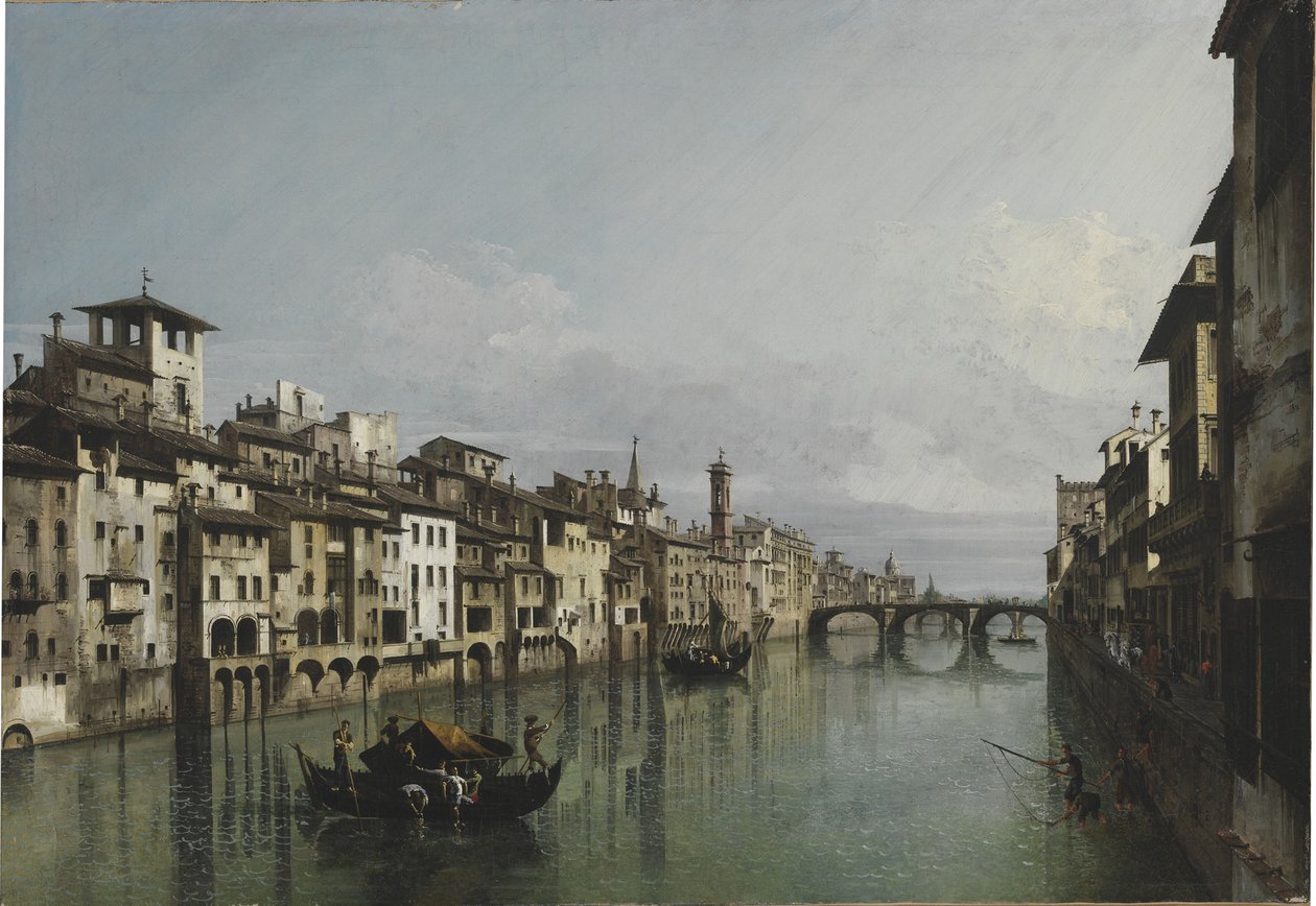 O Arno entre a Ponte Vecchio e a Ponte Santa Trinità, Florença, 1740. de Bernardo Bellotto