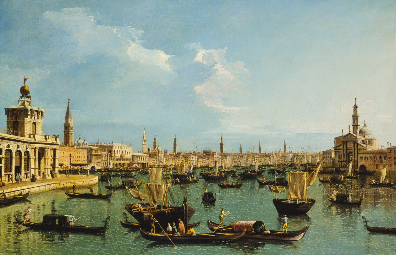O Bacino di San Marco, Veneza, do Canal Giudecca com o Dogana, o Molo, o Riva degli Schiavoni, a Igreja de San Giorgio Maggiore e vários barcos, de Bernardo Bellotto