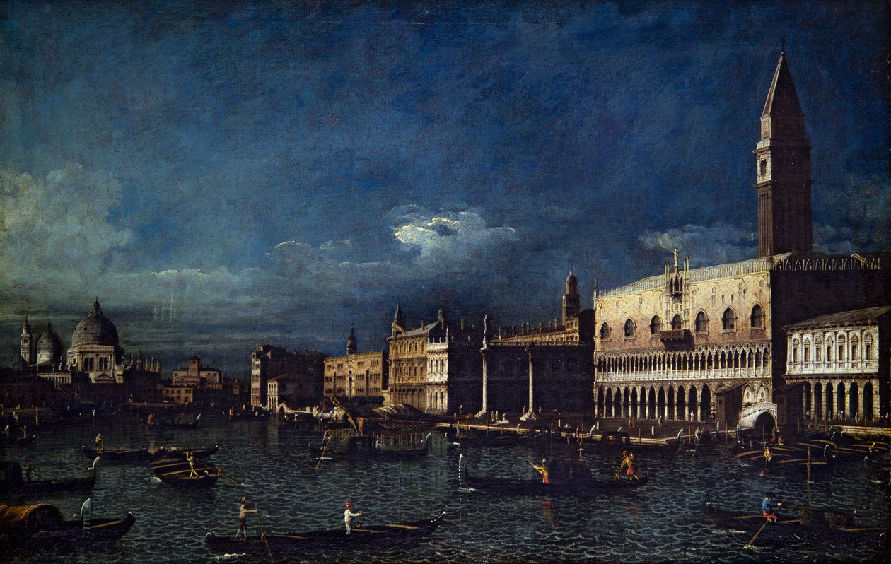 Duas vistas de Veneza, Grande Canal e Molo a Oeste (sobre tela) de Bernardo Bellotto