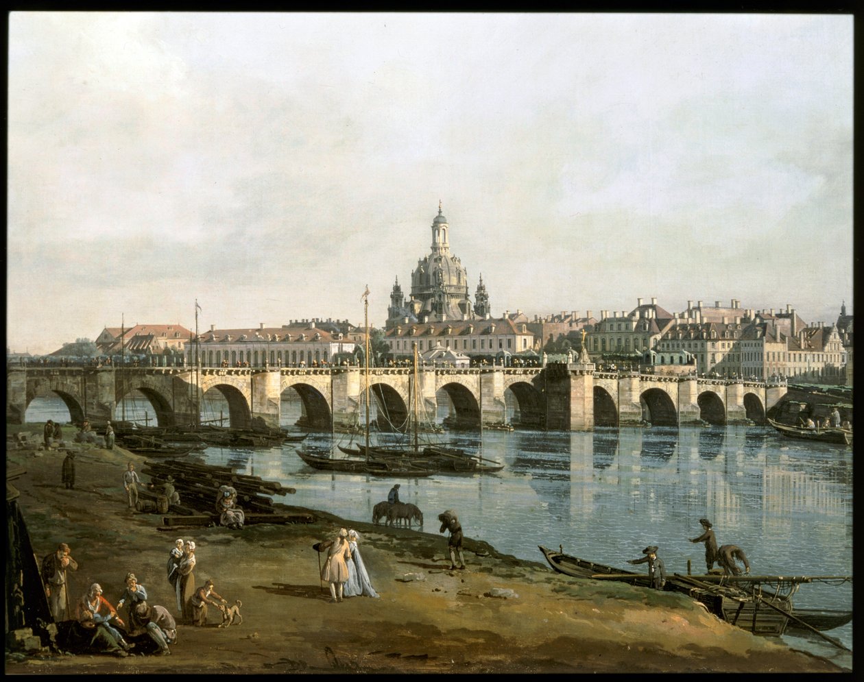Vista de Dresden a partir do lado direito do rio Elba, abaixo de Augustusbruecke ... (pintura sobre tela) de Bernardo Bellotto