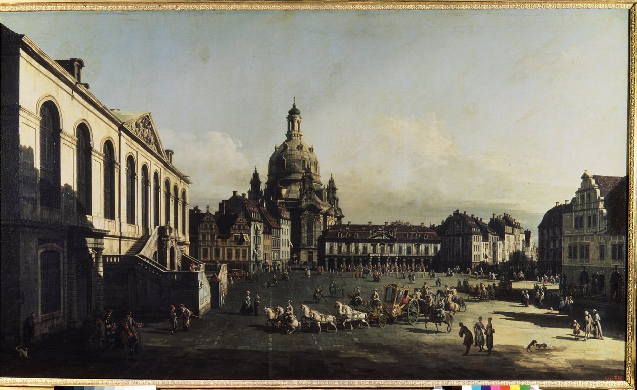 ""Vista da Praça do Novo Mercado em Dresden"" (Neumarkt em Dresden) Podemos ver a Igreja de Nossa Senhora (Notre-Dame) (Frauenkirche) Pintura de Bernardo Bellotto (1720-1780) 1747 Dim. 134x236 cm Museu do 