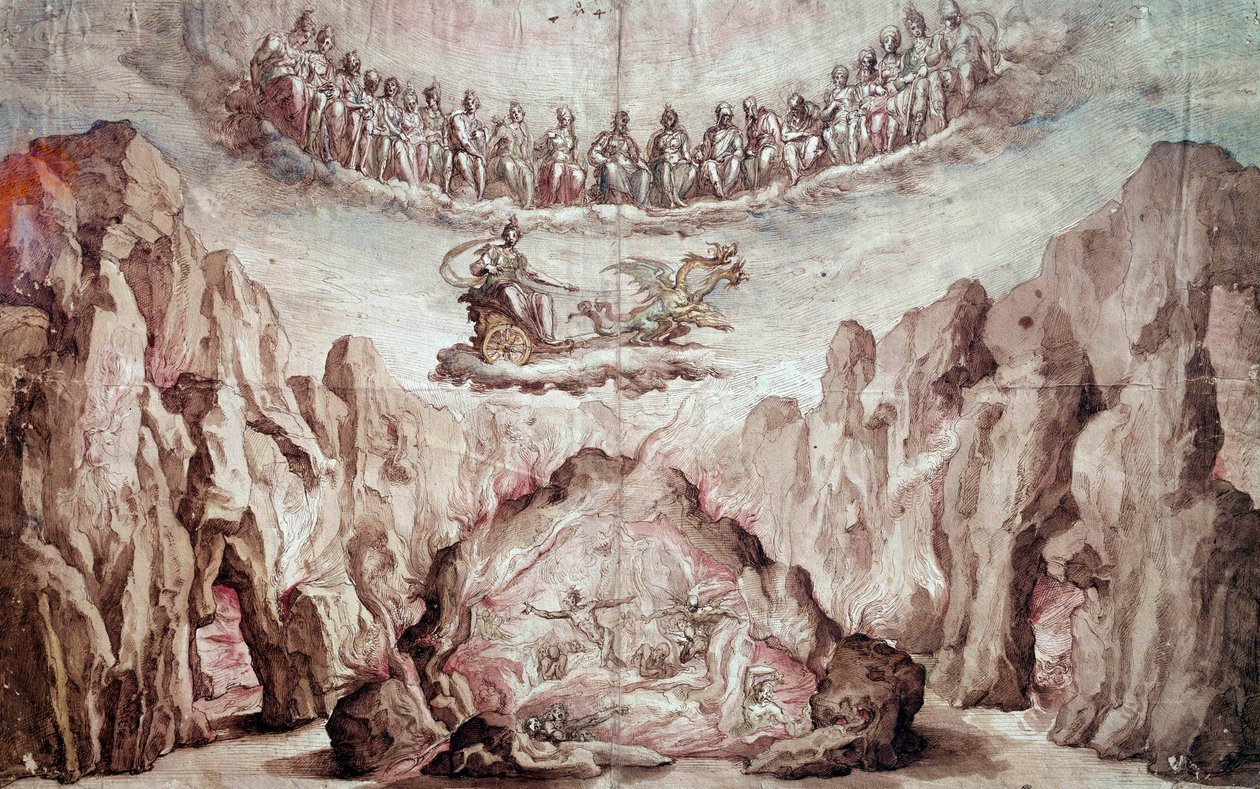 Projecto para a decoração e maquinaria de um intermediário, Le Tromphe de Circe. Desenho de Bernardo Buontalenti dit delle Girandole (ca. 1523-1608) Sol. 0,46x0,72 m. Paris, Museu do Louvre de Bernardo Buontalenti