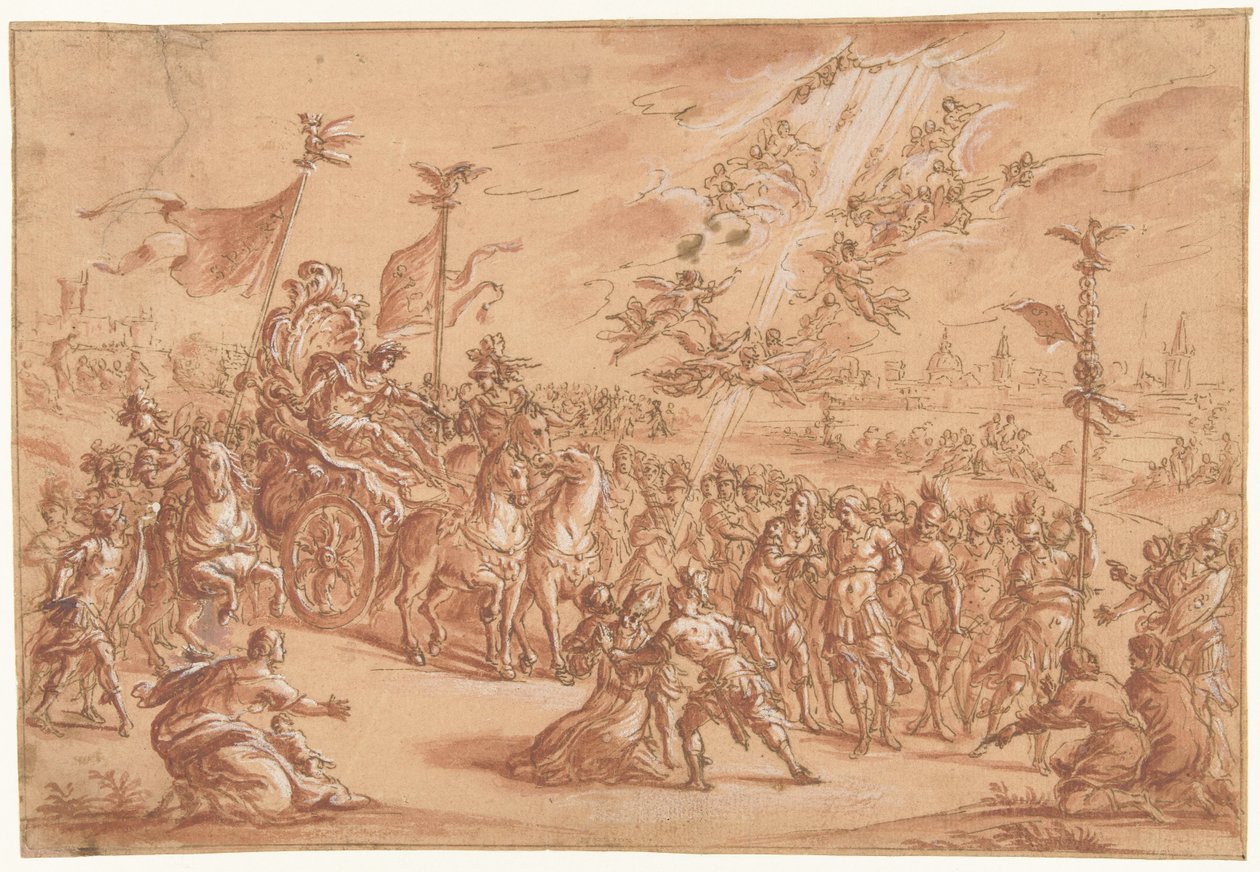 Um bispo santo ajoelha-se ao lado da procissão de um Imperador Romano de Bernardo Castello (attributed to)