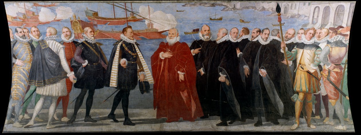 O Doge Giacomo Durazzo Grimaldi recebe Juan da Áustria no porto de Genes (Fresco de Bernardo Castello