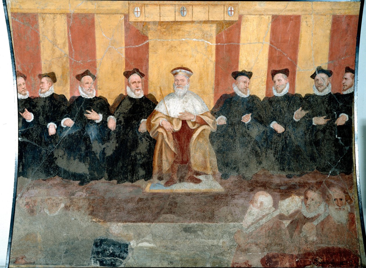 O Doge de Genes Giacomo Durazzo Grimaldi (cerca de 1503-1579) rodeia com Senadores Fresco por Bernardo Castello (1557-1629) Século XVI Genes, Museo di Sant 
