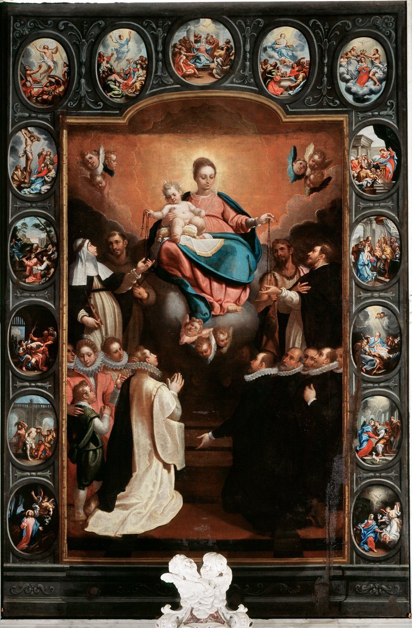 Virgem com criança e mistérios do rosário - Pintura de Bernardo Castello (1557-1629) (centro) e Paolo Gerolamo Piola (1666-1724) Santa Margherita Ligure, Igreja de Santa Margherita Itália de Bernardo Castello